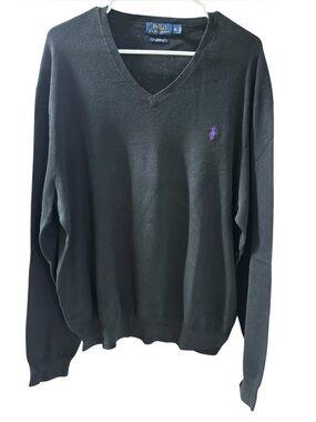 Polo‎ by Ralph Lauren Men’s Black V-Neck Sweater with Purple Logo Size XL